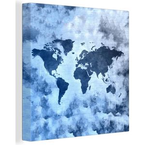 Canvas Wereldkaart - 50x50 - Wanddecoratie Wereldkaart - Blauw - Verf