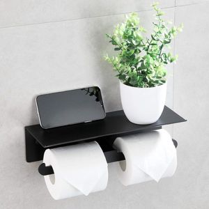 Toiletpapierhouder zonder boren, dubbele toiletpapierhouder met houder, papierhouder, toilet, badkamer, toilet, aluminium, zwart, mat