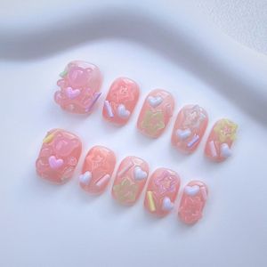 Press On Nails - Handgemaakte Press On Nagels - Roze Jelly Korte Ronde Nagels - Sweet Dreamscape - Maat XS