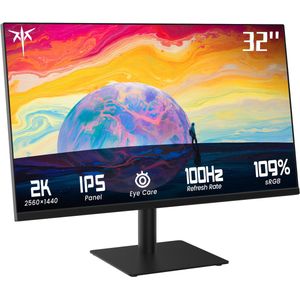 KTC H32T13 Gaming Monitor, 32 inch 2560*1440 16:9 IPS-scherm, 100Hz verversingssnelheid, FreeSync & G-Sync, 1000:1 contrastverhouding, Low Blue Light & Flicker Free, 2*HDMI 2.0, 1*DP1.4, 1*oortelefoonaansluiting, VESA-bevestiging