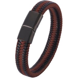 Fako Bijoux® - Armband Leer - Gevlochten - Vlecht - Layer Armband - Magnetische Sluiting - 21cm - Duo Bruin/Zwart
