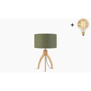 Tafellamp – ANNAPURNA – Naturel Bamboe - Groen Linnen - Met LEDlamp