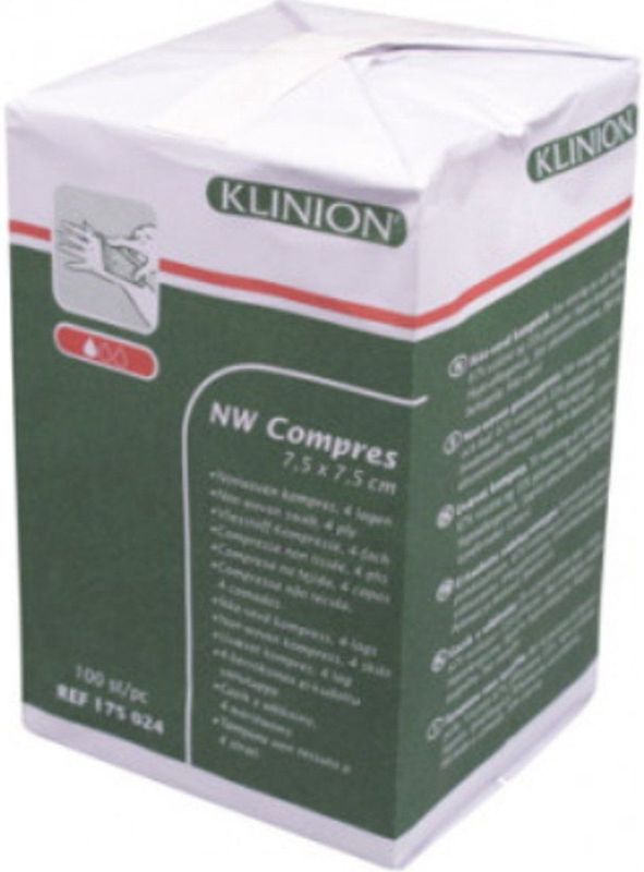 Klinion - Non Woven Gaaskompres - 4-laags - 7,5 x 7,5 cm - 100 Stuks