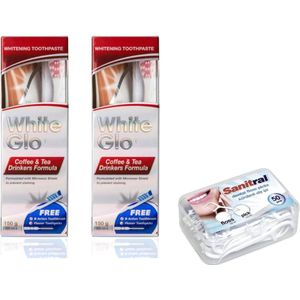 White Glo Premium Koffie- en Thee drinkerformule Intense Extra Whitening Tandpasta & Tandenborstel - 100 ml (Pak van 2) met Sanitral 50 Stuks Tandzijdestick Inbegrepen als cadeau