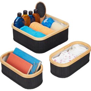 Relaxdays opbergmand bamboe - set van 3 - zwarte badkamermand - kastmand - mand woonkamer