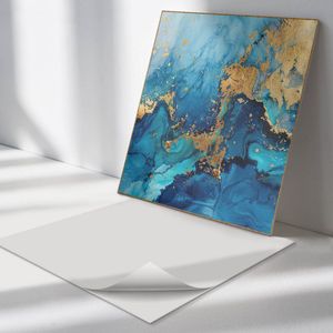 Wallfluent Vinyl Wandpaneel - Abstract waterpatroon Zelfklevend Wandpaneel - 50 cm x 50 cm - Blauw PVC wandpaneel - Set van 4 - Vierkant Wandbekleding Vinyl - Abstractie Wandpaneel - PVC Muurpaneel - Wandpaneel Keuken en Badkamer