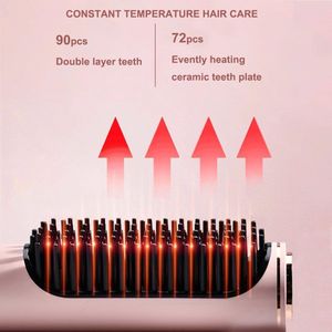 Elektrische Stijltangen Kam 3 Niveaus Temperatuur Reis Stijlborstel USB Oplaadbaar Anti-brandwonden Draagbaar Haar Stijltang Borstels - Roze