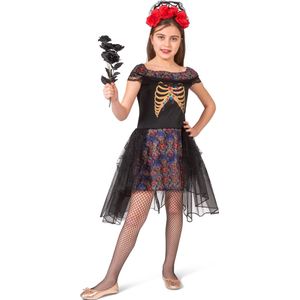 Funny Fashion - Spaans & Mexicaans Kostuum - Day Of The Dead Duistere Zwarte Bruid - Meisje - Zwart - Maat 140 - Halloween - Verkleedkleding