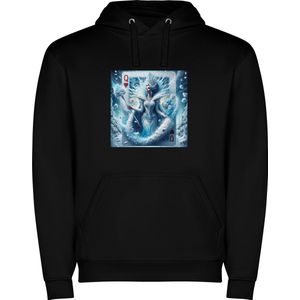 Zwarte unisex hoodie met “ Kleurrijke Speelkaart Harten Queen – Harten Vrouw “ Print Full Color merk Roly maat M