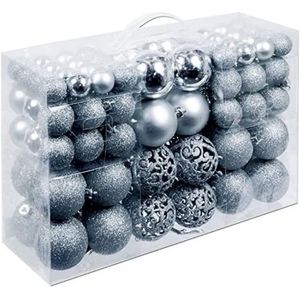 100 Kunststof Kerstballen - Kerstversiering voor Binnen en Buiten - Mat, Glanzend, Glitter en Opengewerkt - Verschillende Afmetingen Ø 3/4/6 cm, Silver.