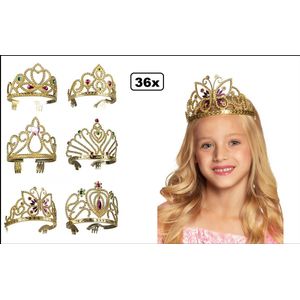 36x Diadeem/tiara goud 6 assortie kids - Prinses - Thema feest verjaardag uitdeel hoofd accesoires Barbie