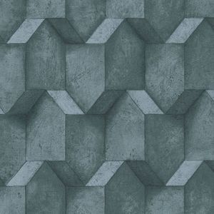 3D behang Profhome 388271-GU vliesbehang hardvinyl warmdruk in reliëf gestructureerd met geometrische vormen mat blauw petrol grijs 5,33 m2