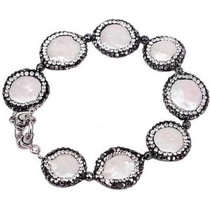 Zoetwater parel armband Bright Coin Pearl - echte parels - wit - zwart - stras steentjes - glitter