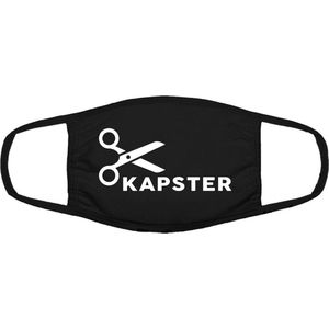 Kapster | werk | beroep | gezichtsmasker | bescherming | bedrukt | logo | Zwart mondmasker van katoen, uitwasbaar & herbruikbaar. Geschikt voor OV