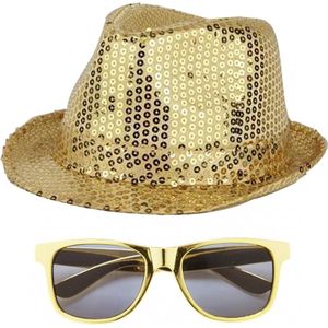 Toppers in concert - Funny Fashion Verkleedkleding set hoed/bril goud glitter volwassenen