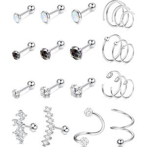 22 stuks 16G kraakbeen oorbellen voor vrouwen mannen roestvrij staal kraakbeen conch helix piercing sieraden stud hoepel conch helix oorbellen set voor meerdere piercing, Zilver.