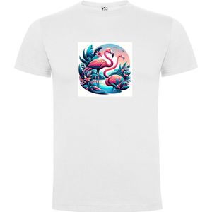 Wit T-Shirt met “Kleurrijke Flamingo's in groep – Tropen – Vogels “ Print Full Color Maat S