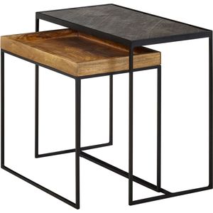 2-delige woonkamertafelset - stenen bijzettafel en industrieel design rechthoekige salontafel - vierkante bijzettafel - nesttafel placemat - mango massief hout