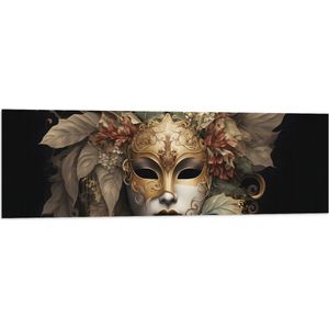 Vlag - Venetiaanse carnavals Masker met Gouden en Beige Details tegen Zwarte Achtergrond - 120x40 cm Foto op Polyester Vlag