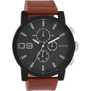 OOZOO Timepieces - Zwarte OOZOO horloge met bruine leren band - C11211