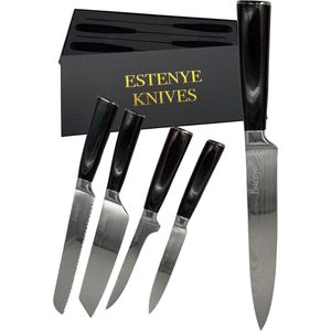 Estenye Knives - 5-delige Professionele Messenset - Japanse Damascus Print - Koksmes - Pakka handvat – RVS - Keukenmessen