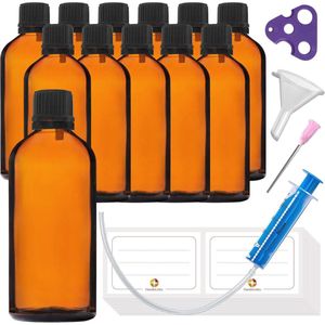Amber glazen flessen met pipet - 100ml 12 stuks set met accessoires voor druppelen en bewaren