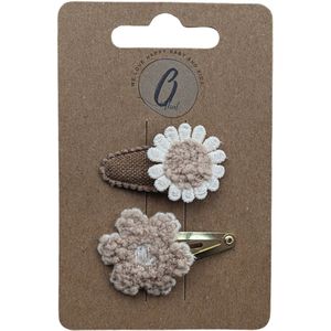 Ootje Kadootje Babyhaarclipjes - Bloem Bruin/Zand Bouclé - 2 stuks