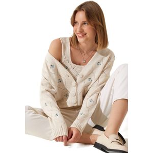 Happinessistanbul Crèmekleurig Damesgeborduurd Vest Met Ondershirt En Gebreide Trui Mt00046