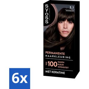 SYOSS - Permanent Coloration 3-1 - Haarverf - Permanente Haarkleuring - Donkerbruin - Grijsdekking - Voordeelverpakking - 6 stuks