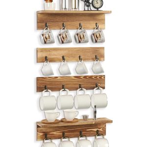 Rustieke bekerhouder voor aan de muur, hangend rek met 16 haken voor koffiekopjes, set van 4 van hout, ideaal voor keuken, pauzuimte en hal