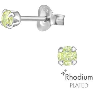 Joy|S - Zilveren oorknopjes 3 mm - lime geel / groen - zirkonia - rhodium plated - oorbellen