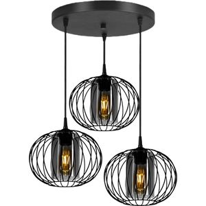 Hanglamp - Plafondlamp Industrieel met 3 Draad/Glas-kappen Zwart Smoke