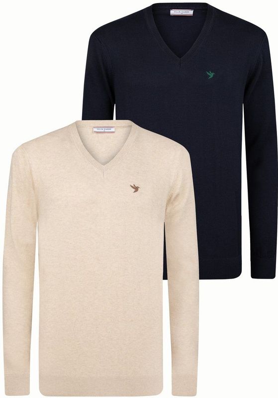 Felix Hardy - Classic V-Neck Knit Sweater - Beige-Navy - 2 Pack - 100% Katoen - Heren