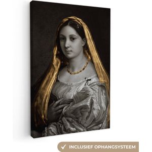 Canvas doek - De gesluierde vrouw - Goud - Kunst - 120x180 cm - Oude meesters - Raffaeolo Sanzio - Tinten - Woonkamer
