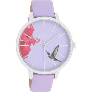 OOZOO Timepieces - Zilverkleurige horloge met lila leren band - C11068