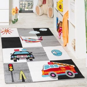 Paco Home Vloerkleed Kinderkamer Speelvloerkleed Politie Brandweer Vliegtuig Ruitpatroon Crème/Grijs/Zwart 160x220 cm