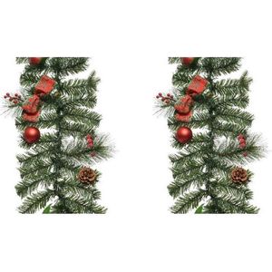 2x Groene kunst kerstguirlandes met rode versiering 180 cm - Dennenslingers kerstversieringen/kerstdecoraties