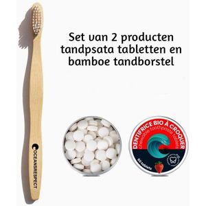 Set van 2 producten Duurzaam bamboe Zero waste- tandborstel - tabletten handpasta AARDBEI 60 stuks
