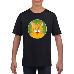 Kinder t-shirt zwart met vrolijke oranje kat print - katten shirt - kinderkleding / kleding 134/140