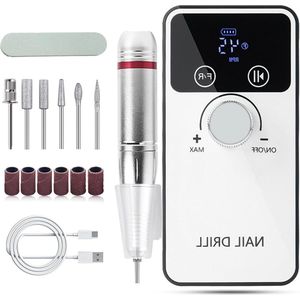 Electric Nail Drill Set 6 in 1 with Double-Sided Nail File Emery Board - 45000RPM Wireless Manicure Set for Acrylic Gel - Rechargeable Efile Nail Sharpener Professional Nail Tool - LCD - 2000mAh