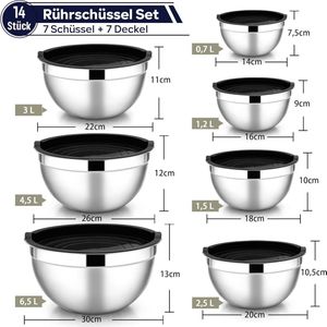 Mengkom, roestvrijstalen kom, 7-delige set, stapelbare slakom met luchtdicht deksel voor bakken, koken, bereiden, vaatwasmachinebestendig, 6,5/4,5/3/2,5/1,5/1,2/0,7 l, zwart