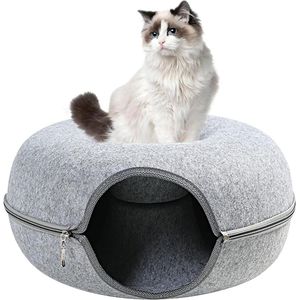 Kattentunnel, rond, van vilt, met wollig, wasbaar kussen, kattenmand en kattenbed, pluizige donut-kattenmand als gezellige slaapplaats voor katten, 50 x 50 x 24 cm, grijs