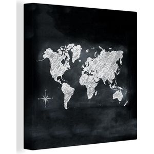 Canvas Wereldkaart - 20x20 - Wanddecoratie Wereldkaart - Wit - Krijtbord