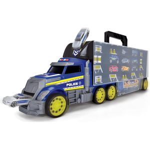 Dickie Toys Politie Transporter - speelgoed vrachtwagen incl. 9 auto's, voor het opbergen van 42 speelgoedauto's, incl. accessoires, met oprijplaat, voor kinderen vanaf 3 jaar