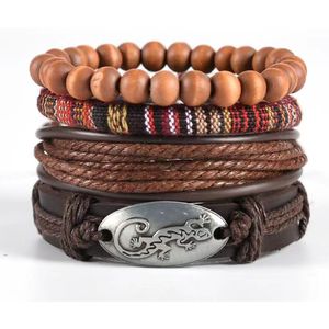 Stoere - 4 delige - heren armband set leer – kralen – textiel - zelf in grootte instelbaar