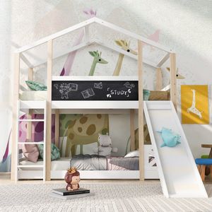 Sweiko Kinderbed Boomhuis met Glijbaan, 90 x 200 cm, met Ladder, Kinderstapelbed -2 Platte noedelslijsten in Natuurlijk Wit