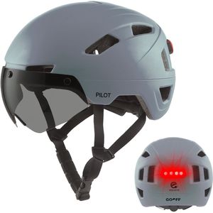 GOOFF® Pilot 3-in-1 Snorfiets Helm met Verlichting en Vizier - Speed Pedelec Fietshelm voor Volwassenen - NTA 8776 - Snorscooter Helm met LED Licht - Goedgekeurd voor Blauw Kenteken en E Bike - Dames en Heren - S - Matgrijs