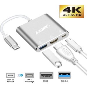 USB-C Hub, 3-in-1 Adapter - USB-C naar HDMI - Zilver - A-KONIC©
