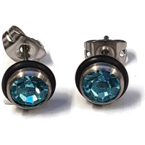 Aramat jewels ® - Ronde oorbellen licht blauw zirkonia rubber staal zilverkleurig 7mm