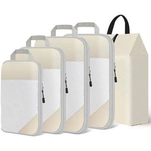 Compression Packing Cubes, 5-delige set kofferorganizer voor reisbenodigdheden, uitbreidbare reisorganizerset, lichte opbergtassen voor rugzak, opbergkubussen voor mannen/vrouwen, beige